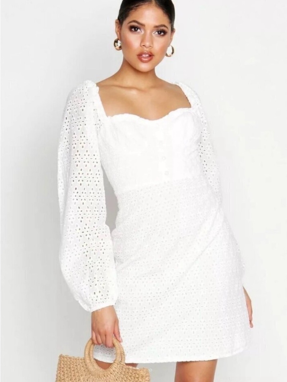 Boohoo White Eyelet Long Sleeve Mini Dress